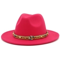 Detail of rose red fedora hat featuring gold chain, beige beads and colorful stone buckle - Rose Red