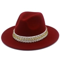 Classic wine red wool fedora hat with elegant white band featuring rivets and rhinestones - Burgundy