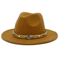 Detail of camel wool fedora hat featuring a bohemian gold chain and beaded decorative band - Brown
