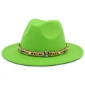 Close-up of neon green wool fedora hat with turquoise beads and gold chain band - Fluorescent Green