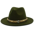 Detailed view of dark olive green fedora with bohemian gold chain and beaded hat band - Army Green