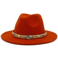 Detail of orange wool fedora featuring gold chain band with beads and colorful stone inlay - Dark Orange