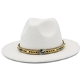 White wide-brim wool fedora hat with ethnic style colorful beaded band for men and women - White