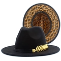 Classic black wide brim felt fedora hat with gold leaf accent and patterned lining - One Size / Black Outer FF Geometric Lining