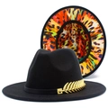 Classic black felt fedora with gold metal feather trim and colorful leopard print lining - One Size / Black Outer Colorful Leopard Lining