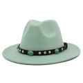 Detail of mint green fedora featuring black leather band with silver studs and turquoise - Mint Green