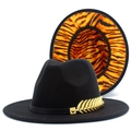 Classic black felt fedora with gold leaf buckle and bold tiger print brim lining - One Size / Black Outer Tiger Lining