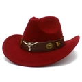 Cappello da cowboy rosso scuro in feltro con cinturino in pelle e stemma testa di toro - Borgogna