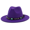 Detail view of purple wool fedora with leather band, silver studs and turquoise stones - Purple
