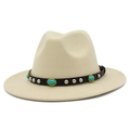 Elegant off-white fedora hat with turquoise leather band and metallic studs - Beige