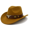 Dettaglio cappello da cowboy in feltro con fascia in pelle ed emblema testa di toro - Marrone