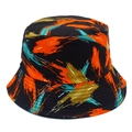 Close-up of artistic graffiti print bucket hat with durable stitching on the black brim - Black