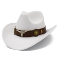 Classico cappello da cowboy bianco in feltro con fascia in cuoio e testa di toro - Bianco