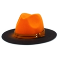 Close-up of orange crown and black brim fedora with studded leather hat band - One Size / Orange and Black