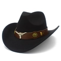 Détail du chapeau de cowboy avec bandeau en cuir marron et emblème de tête de taureau - Noir