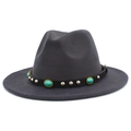 Detail of dark grey fedora with leather band featuring turquoise and silver rivets - Dark Gray