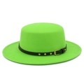 Detail view of neon green wool fedora with a black studded leather belt buckle - Fruit Green