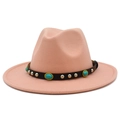 Detail of pink wool fedora hat featuring a brown leather band with turquoise accents - Flesh Pink