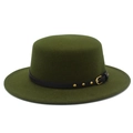 Detail view of dark green wool fedora with black leather strap and gold rivet accents - Army Green