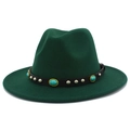 Close-up of dark green fedora hat featuring black leather band with turquoise and silver studs - Dark Green