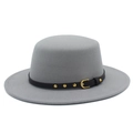 Elegant grey flat brim wool felt fedora with black leather band and gold metal studs - Gray