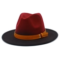 Close-up of two-tone burgundy and black wool fedora with brown leather rivet band - One Size / Wine Red & Black