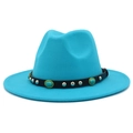 Detail of blue wool fedora featuring black leather band with silver studs and turquoise stone - Sky Blue