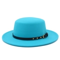 Detailed view of teal wool fedora hat with a black leather band and gold rivet accents - Sky Blue