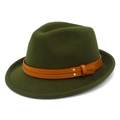 Detail view of olive green fedora hat featuring orange decorative strap and silver studs - One Size / Army Green