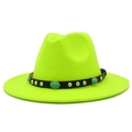 Detailed close-up of neon yellow fedora hat with turquoise studs on black leather band - Neon Yellow