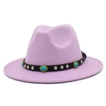 Detail of lavender fedora hat featuring a black leather band with turquoise and silver studs - Light Purple