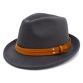 Detailed texture of dark grey wool fedora hat with brown leather band and silver studs - One Size / Dark Gray