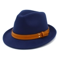 Detail of navy blue fedora wool hat featuring a brown faux leather band with metal rivets - One Size / Dark Blue
