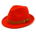 Sombrero fedora clásico de lana rojo brillante para hombre y mujer con banda de cuero marrón - Talla única / Rojo