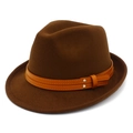 Close-up of brown wool fedora hat featuring decorative leather bands and metal buckles - One Size / Coffee