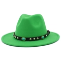 Close-up of grass green fedora hat featuring black leather band and turquoise studs - Grass Green