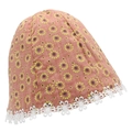Close-up of pink cotton sun hat with sunflower prints and white floral lace detail - One Size / Pink