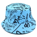 Cappello a secchiello azzurro con stampa graffiti nera, elegante protezione solare estiva - Blu