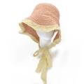 Chapeau de pêcheur en paille tissée rose avec rubans en dentelle beige pour l'été - Taille unique / Rose