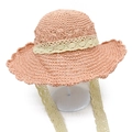 Kids handmade crochet straw sun hat in peach pink with lace ribbon and wavy brim - One Size / Pink