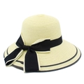 Elegant wide brim straw sun hat for women featuring a stylish large black bow ribbon - One Size / Off White