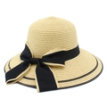 Close-up of woven straw sun hat texture with black bow ribbon and stitched edge detail - One Size / Khaki
