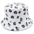 White canvas bucket hat featuring black skull prints and BOO text for street style wear - One Size / White
