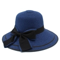 Elegant navy blue wide brim straw sun hat with black bow ribbon detail for women - One Size / Navy Blue