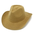 Detail of khaki knitted cowboy hat showing wide brim and textured fabric weave - One Size / Brown