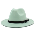 Elegant mint green fedora wool hat with wide brim and black buckled leather band - One Size / Mint Green