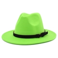Close-up of neon green fedora hat with a black leather band and golden metal buckle - One Size / Fluorescent Green