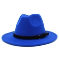 Close-up of Klein blue wool fedora hat featuring a black leather band and gold buckle - One Size / Sapphire Blue