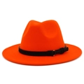 Detail of bright orange wool fedora hat with black band and gold buckle accent - One Size / Orange Red
