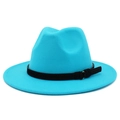 Detail of turquoise fedora hat with smooth wool felt texture and black belt buckle band - One Size / Sky Blue